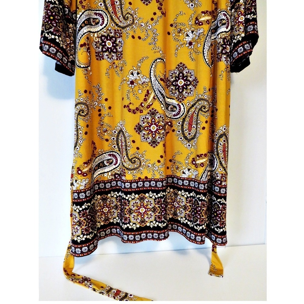 NY Collection Paisley Print Dress 2X Mustard Yellow Stretch Shift 3/4 Sleeves - Picture 3 of 9